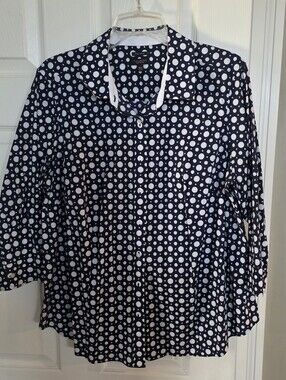 Talbots Navy Button-Down Shirt with White Polka Dots